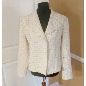St John Pink and White Cropped Blazer Size 10 Single Button Closure Long Sleeve